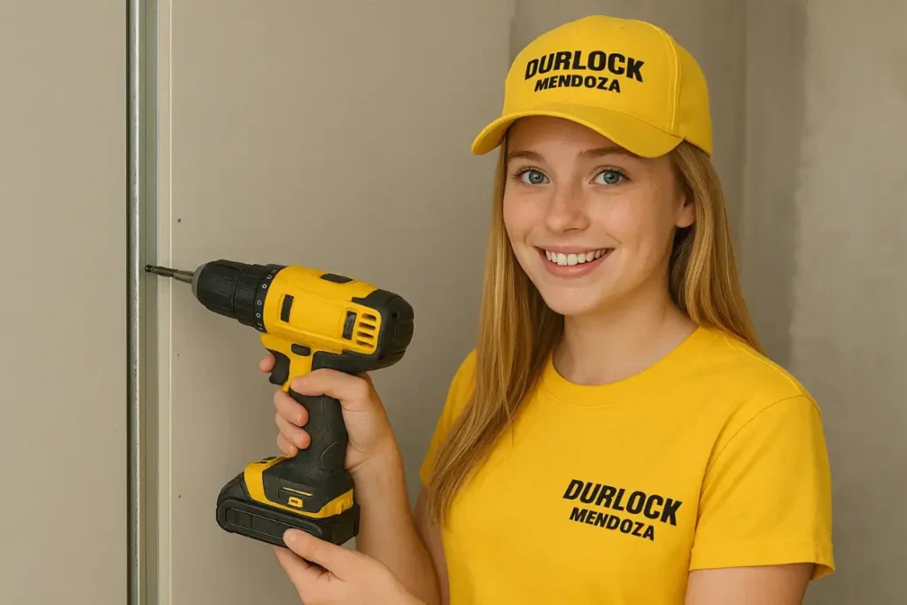 alt Instaladora de Durlock Mendoza utilizando atornilladora en tabique